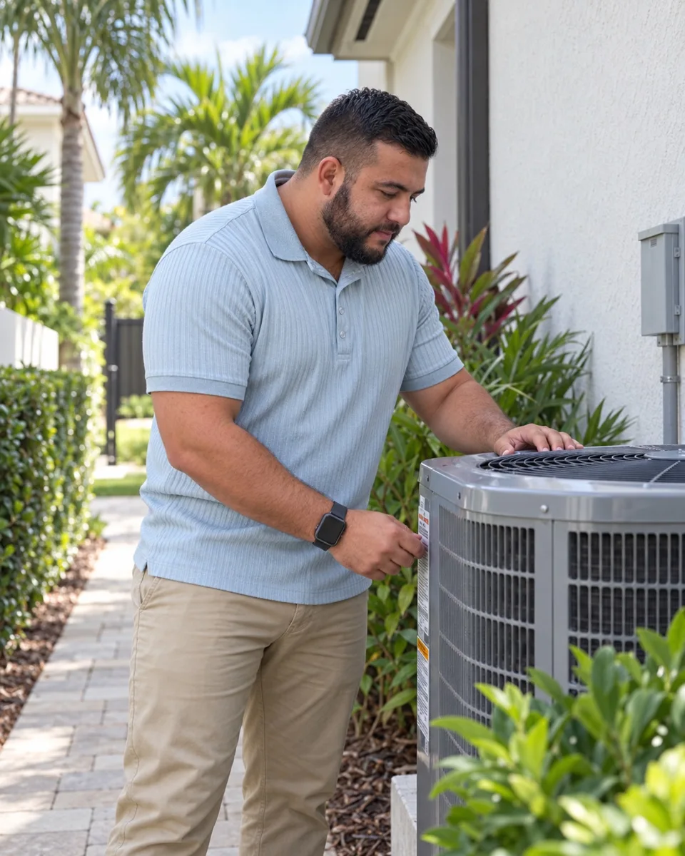Adam inspecting an outdoor air conditioning unit to check HVAC operation at a seasonal home