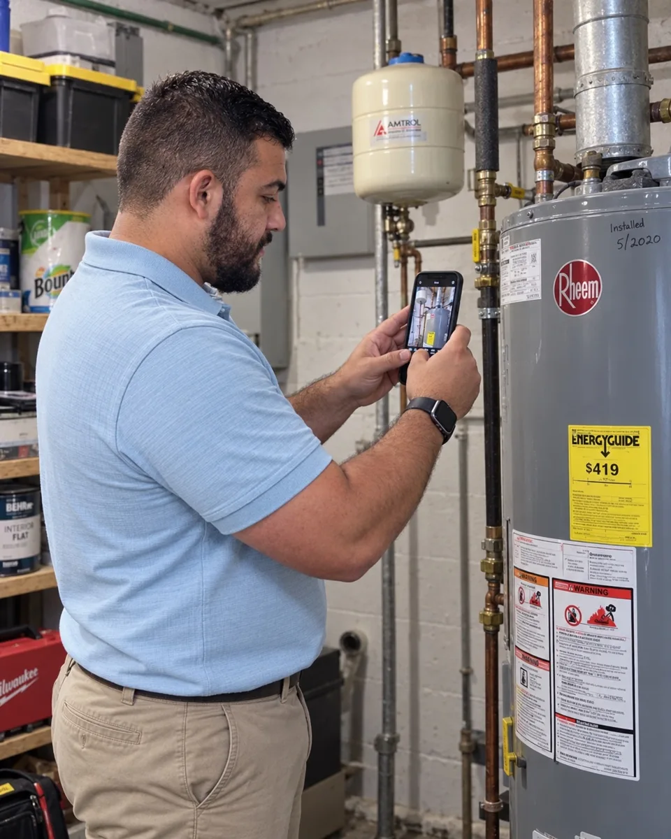 Adam photographing a water heater with his phone to document its condition for a home watch report