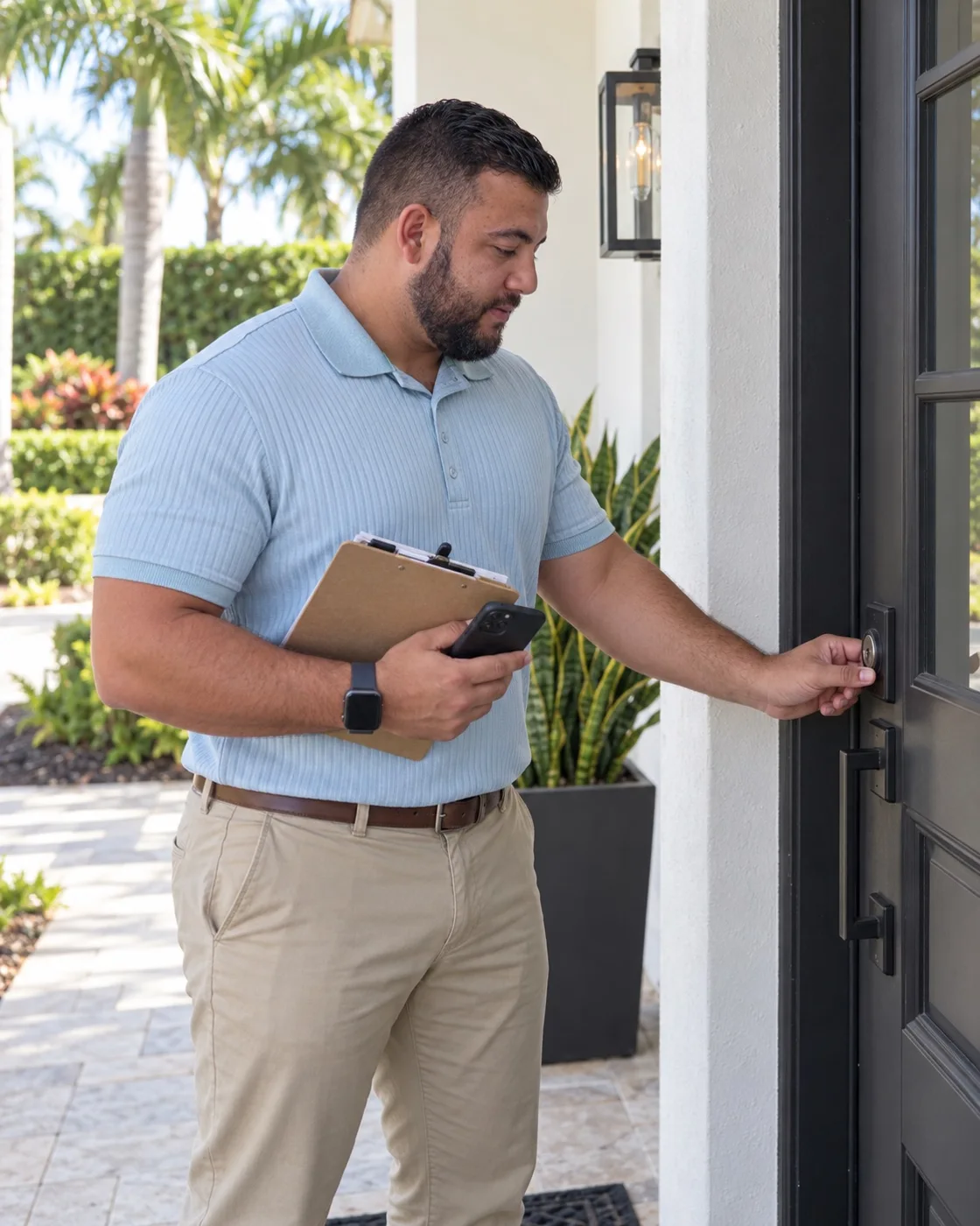 Adam using a key at a home's front door with his clipboard and phone for a property walkthrough